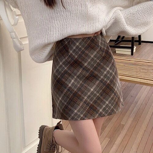 毛呢格子半身裙女秋冬新