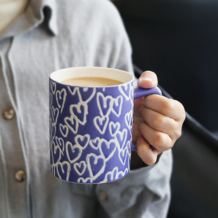 北欧简约马克杯可爱少女心紫色好看 杯小众长春花蓝陶瓷玫瑰花杯