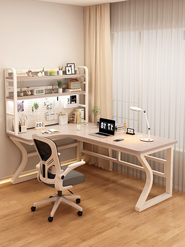 实木转角书桌书架一体学生学习写字台家用简约现代办公台式电脑桌