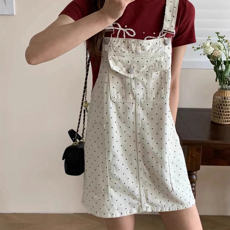 波点牛仔背带裙i女夏季新款高腰显瘦休闲小个子吊带A字短裙连衣裙