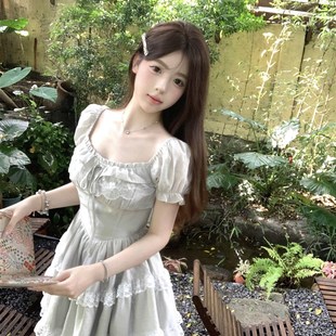白里 清新甜美可爱重工方领蛋糕裙蕾丝拼.接连衣裙 初恋甜妹 夏季