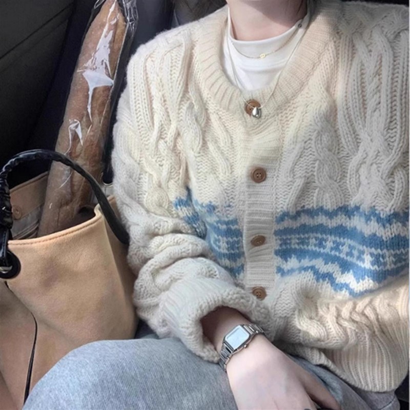 100%山羊绒开衫女加厚s24秋冬新款复古拼色麻花宽松针织毛衣外套