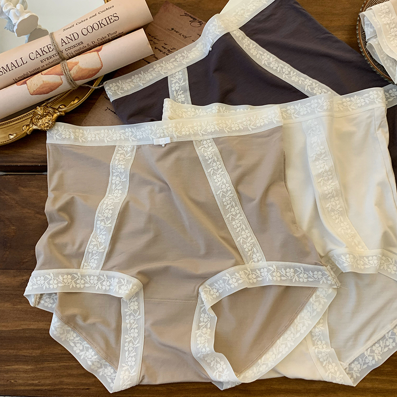 芈戎 法式轻奢莫代尔内裤女高腰立体钩花蕾丝边包臀桑蚕丝抑菌档
