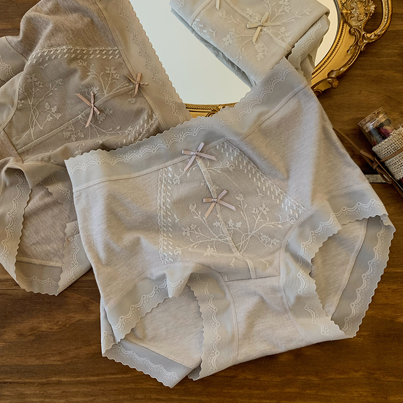 芈戎 高颜值法式秋冬磨毛保暖蕾丝蝴蝶结高腰内裤女桑蚕丝抑菌档