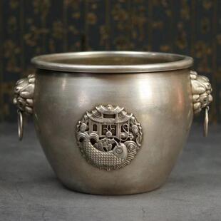 爆款古玩杂项收藏老银器鲤鱼跳龙门银器招财狮头缸老物件铜摆件