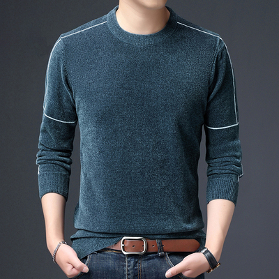 雪尼尔保暖圆领毛衣男纯色打底衫2025新款中年上衣春秋薄款针织衫