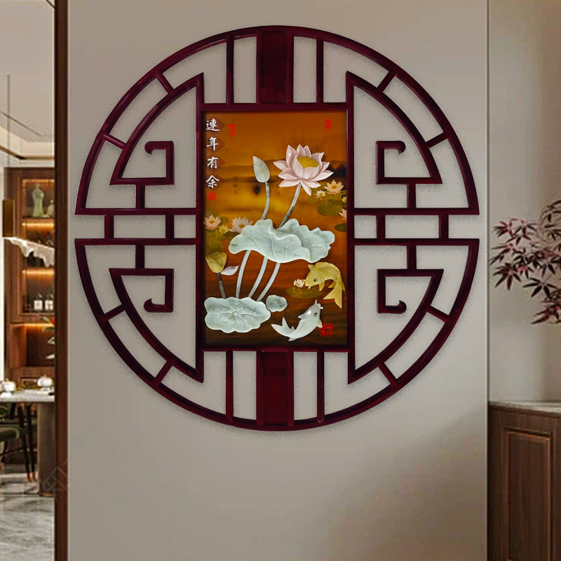 极速新中式圆形装饰画入户玄关五B福临门餐厅实木浮雕画玉石画玉