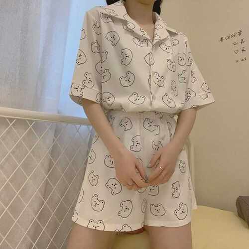 极速Koarean yle Bear Print Pyjamas Women Clothing Sets Summe