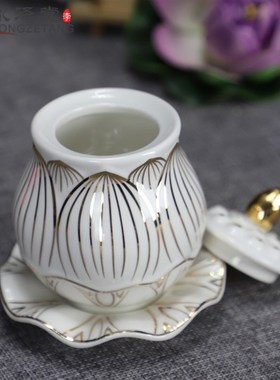 新品大号白玉瓷描金莲花浮雕圣水杯供H水杯净水杯供佛杯佛具茶杯