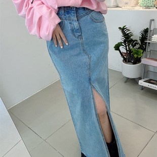极速Blue Women Llong Skirt Denim Korean Fashion Vintage Casu