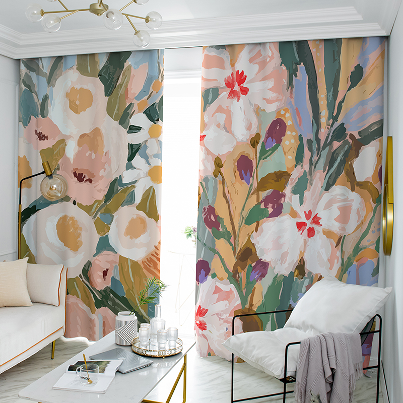 极速全遮光2021年北欧油画窗帘布植物花卉少女卧室Tins飘窗短帘遮