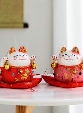 新品招财猫存钱搬家摆件送垫子乔迁新F年装饰罐新家用开业陶瓷创