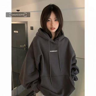 极速Fashion Dark Grey Hoodie Fleece ThickeNn Sweatshirt Long