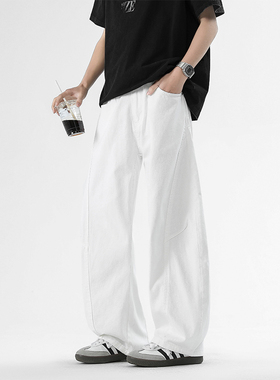 当潮马高街新款美式潮牌白色垂感做旧牛仔裤男复古长裤潮LLC2899