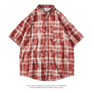 格子满印男款 翻领潮流港风青少年大码 QCCS2503 上衣衬衫 当潮马短袖