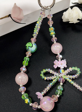 创意新款高级感蝴蝶结绿色手绘珠花朵水晶DIY串珠少女粉大珠珠手机壳配饰结实防摔放丢失手机链饰品