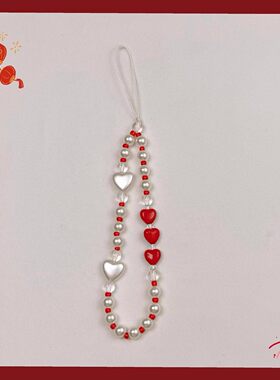 手机挂绳新年新气象红白拼色爱心挂绳短款挂手腕氛围感拉满女款可挂手机壳ccd相机结实不易断防摔防丢手机绳