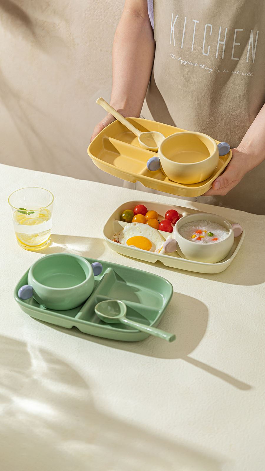 摩登主妇早餐分格盘子一人食餐具套装高颜值陶瓷家用分隔儿童餐盘