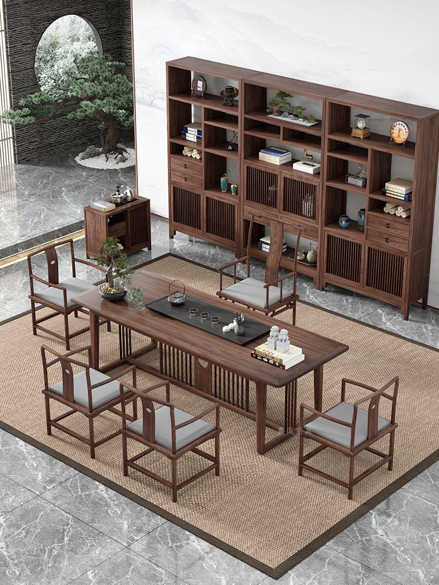新中式实木茶桌北美黑胡桃泡茶桌椅组合茶室办公室禅意泡茶台