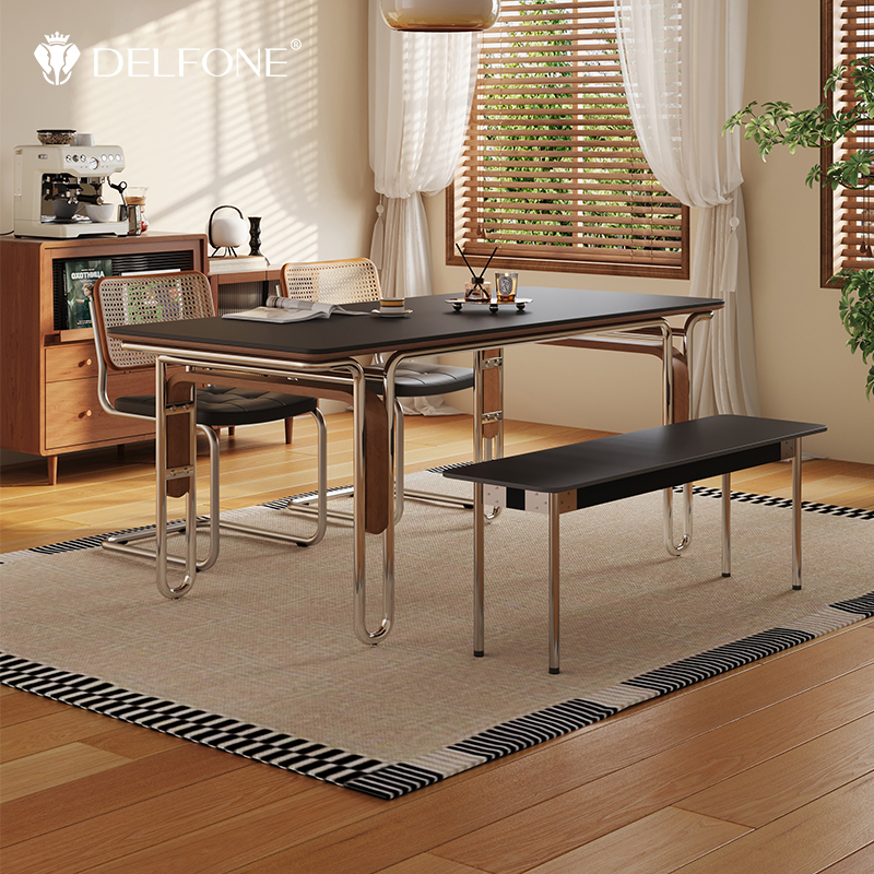 德利丰黑色复古岩板餐桌