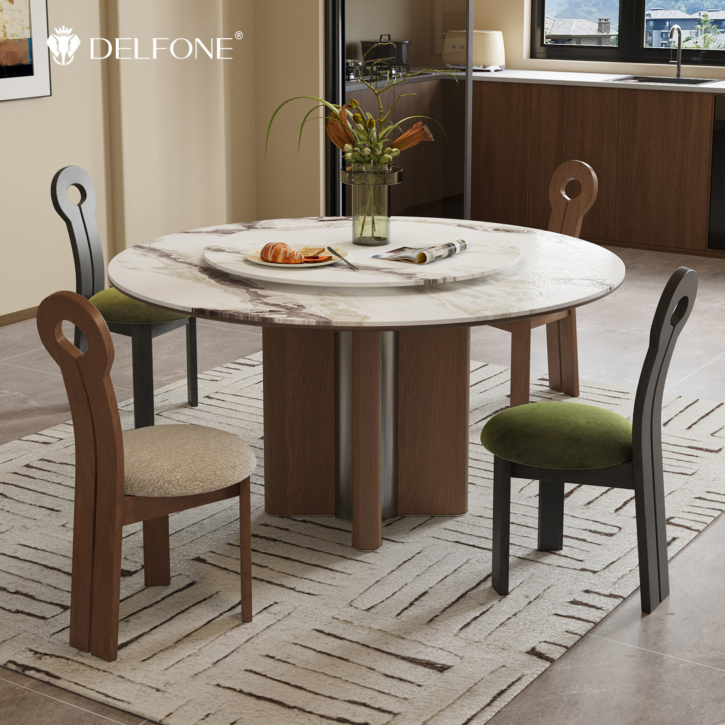 德利丰肌理大师中古风带转盘圆形岩板餐桌家用木纹不锈钢底座餐椅,住宅家具,岩板餐桌,淘宝优惠券,粉丝福利购,淘宝优惠卷