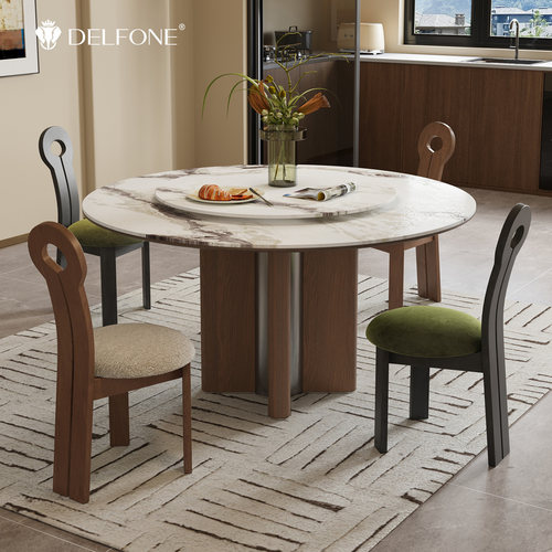 德利丰家用中古风转盘岩板餐桌