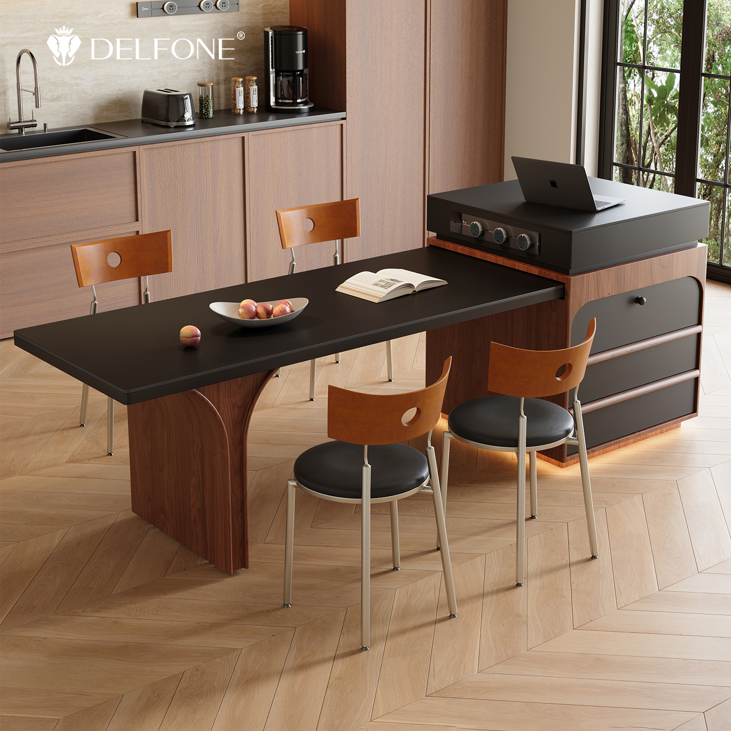 德利丰多功能可伸缩岩板岛台餐桌