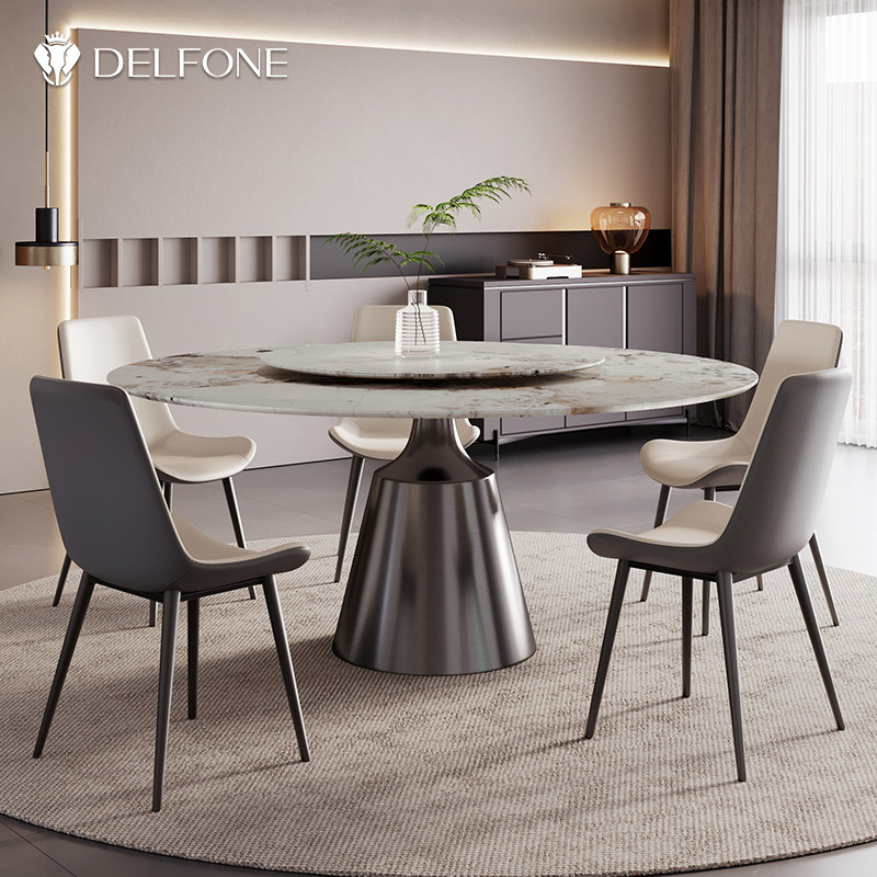 德利丰轻奢意式餐厅带转盘圆桌岩板餐桌不锈钢锥形底座餐椅组合,住宅家具,岩板餐桌,淘宝优惠券,粉丝福利购,淘宝优惠卷