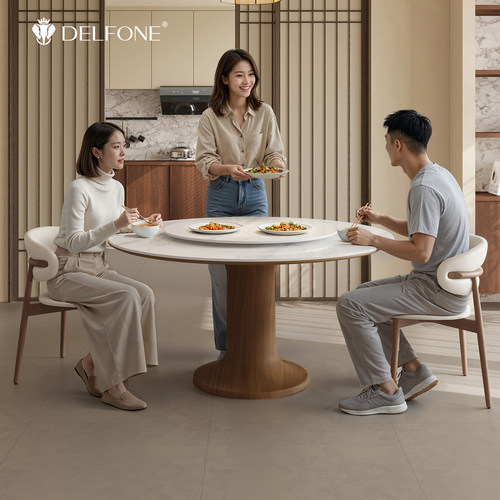 德利丰中古风带转盘实木岩板餐桌