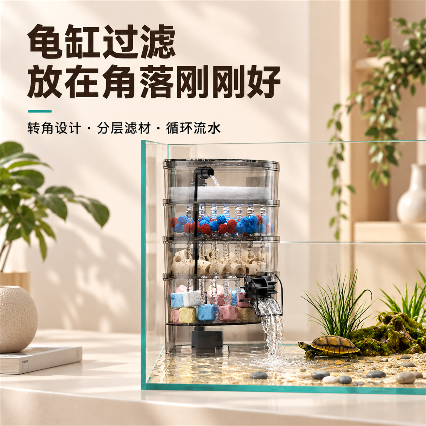 阔庭乌龟低水位过滤器鱼缸过滤制氧一体机净水循环三合一过滤盒