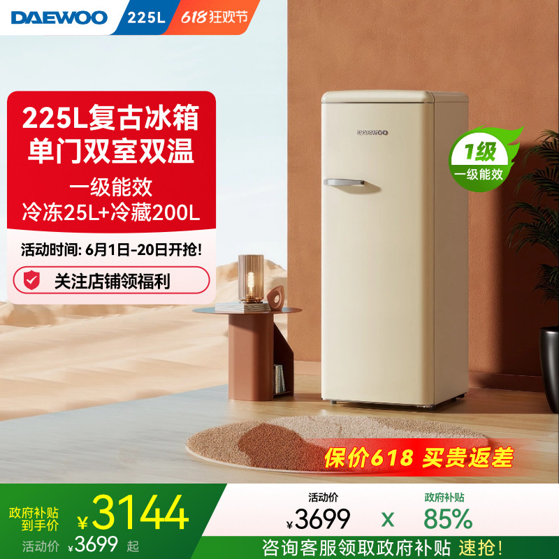 DAEWOO大宇电冰箱家用双开门冷柜节能轻音宿舍用复古小型冰箱225L