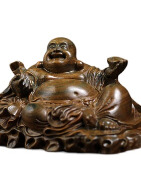 天然绿檀木雕弥勒佛文玩u手把件家居装饰品创意桌面工艺品摆件