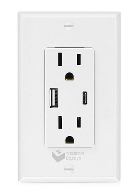 1USB-A 1Type-CAmerican墙壁插座 美国加拿P大酒店装修双联插座带