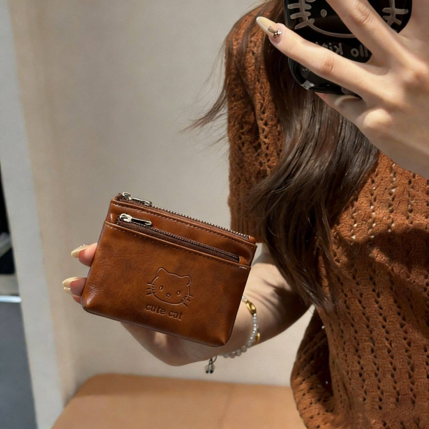 新款真皮质感复古猫咪卡包女迷你便携大容量拉链零钱包日韩风耐用
