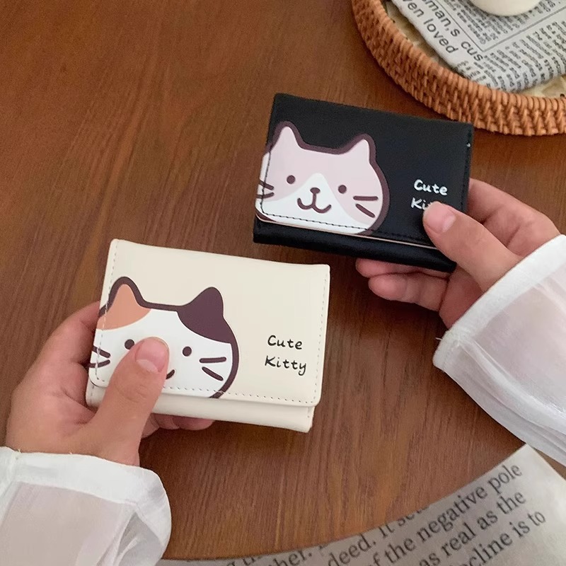 新款韩版简约可爱卡通小猫便携三折叠短款随身小卡包证件零钱包
