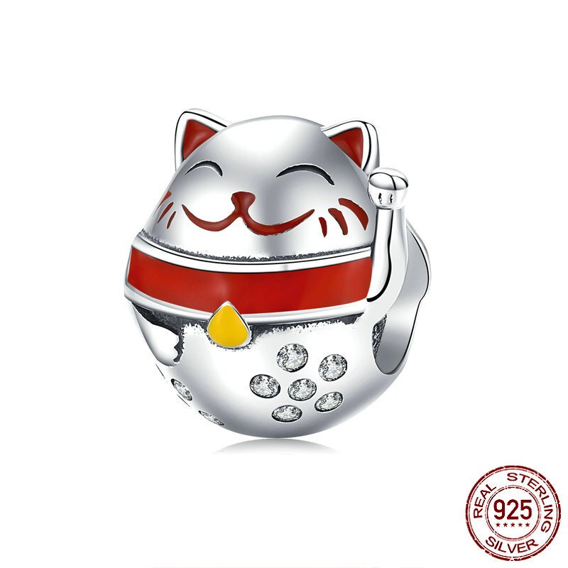 diy串珠配件可爱招财猫欧美ins萌宠S925纯银散珠
