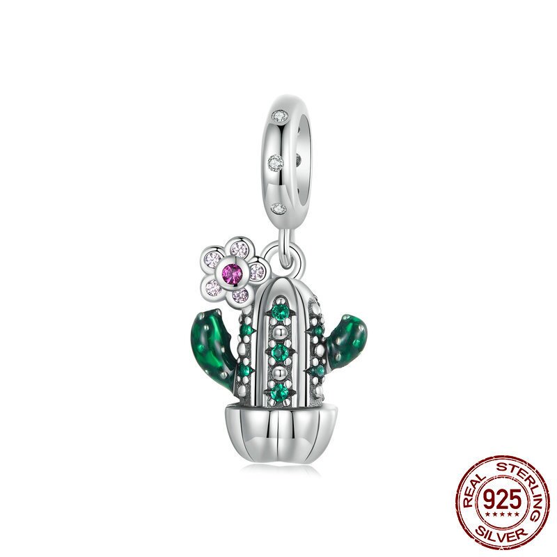 精致沙漠仙人掌盆栽串珠s925纯银diy吊坠手链配件植物吊珠