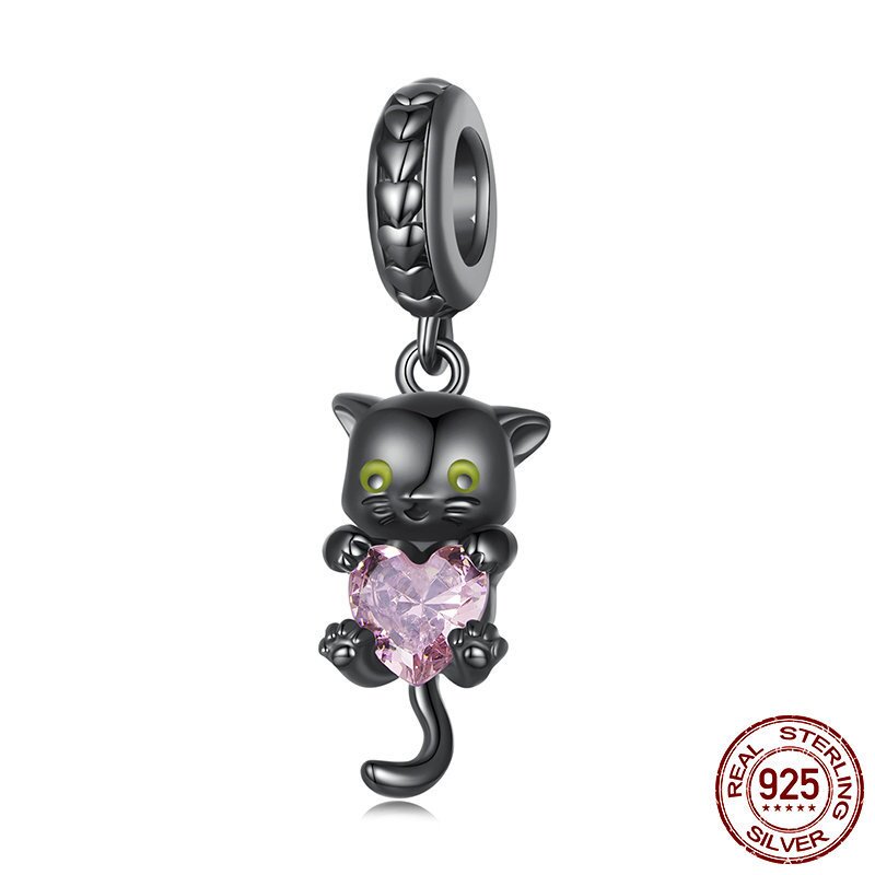 925纯银爱心个性小黑猫吊坠