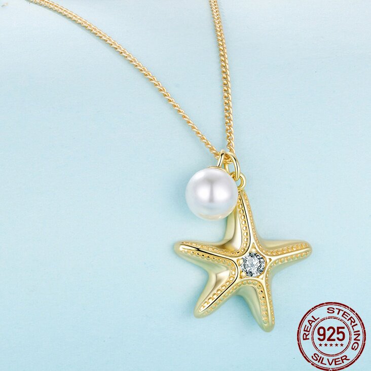 s925纯银度假风海星珍珠项链