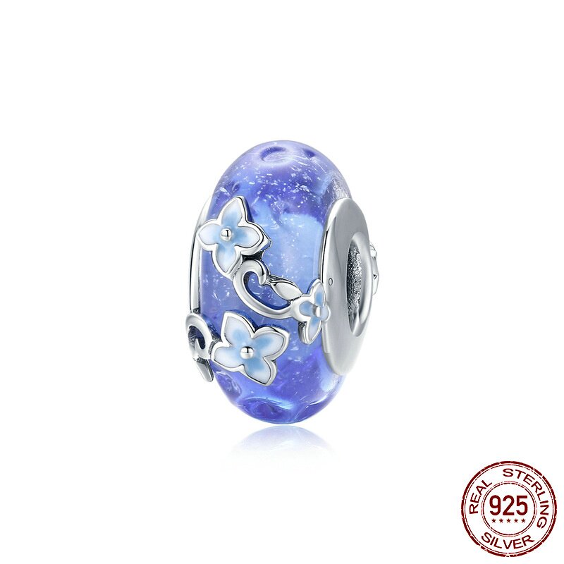 蓝色琉璃珠滴油花朵925银珠子