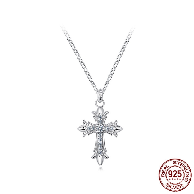 s925纯银轻奢莫桑石十字架项链