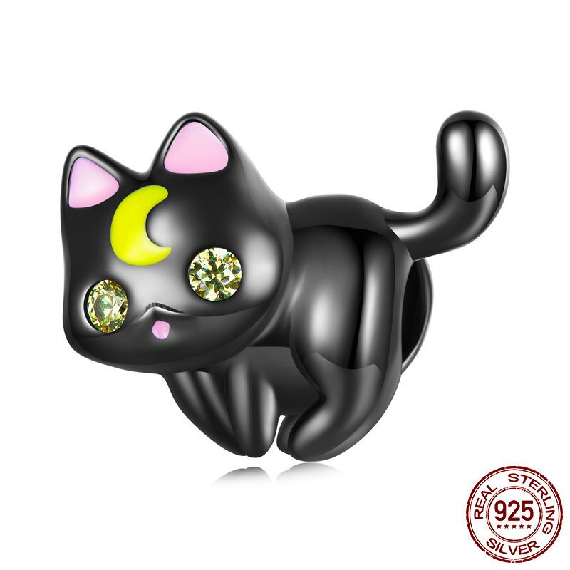 可爱月亮猫咪串珠charm 万圣节镀黑金动物手链珠子散珠