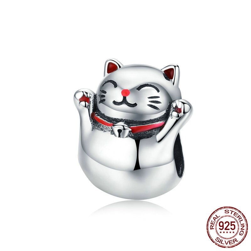 可爱招财猫s925纯银珠子diy串珠手链饰品银配件