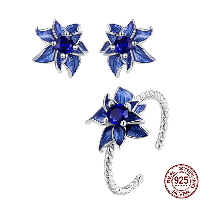 优雅蓝色莲花耳钉戒指套装s925纯银时尚指环耳环女饰品