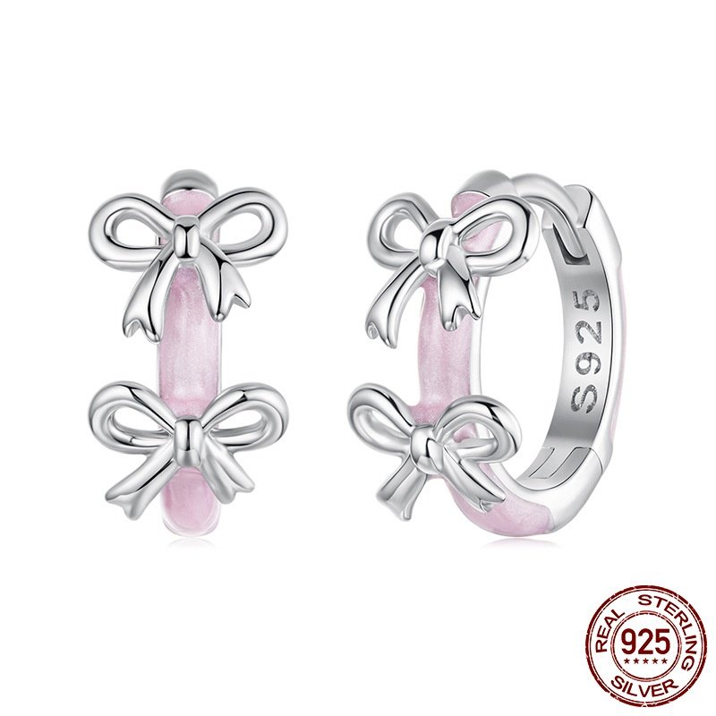 甜美粉色蝴蝶结S925纯银耳扣
