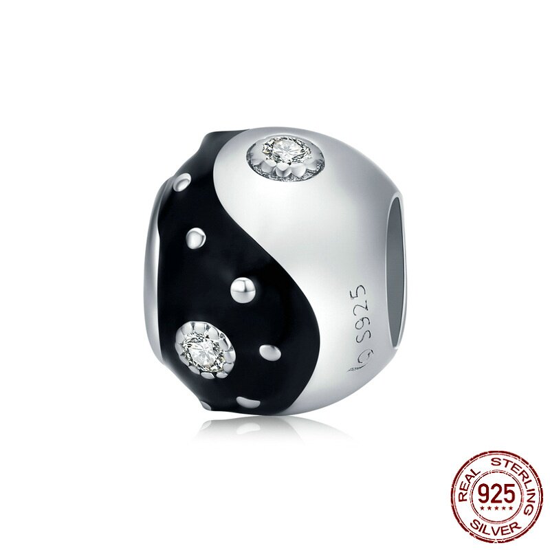 s925纯银太极风串珠charm 个性镀白金滴油珠子