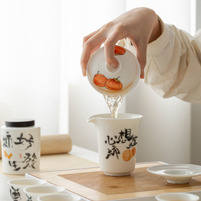 【珍力】羊脂玉柿柿如意三才盖碗茶杯茶壶公道杯功夫茶具公司礼品