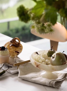 现代简约样板间餐厅桌面摆件玉石苹果果盘软装饰品组合搭配摆件