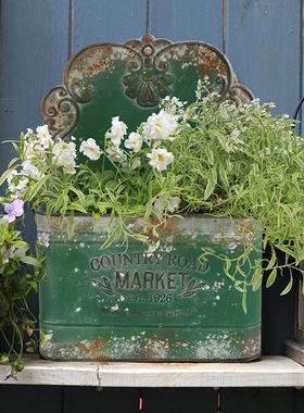 绿色做旧铁艺壁挂花盆花园收纳整理家居装饰欧式复古墙面花器壁饰