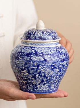 青花缠枝莲满工环彩冰梅花防潮密封小将军罐陶瓷茶叶罐储物罐茶仓